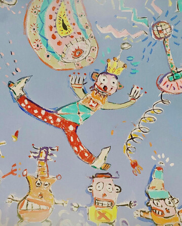 A close-up view of Hamish Kilgour's painting of the dome at WFMU showing a man with a crown and red pants with white polka dots. To the upper right is a microphone with a cord spiraling out from the bottom.