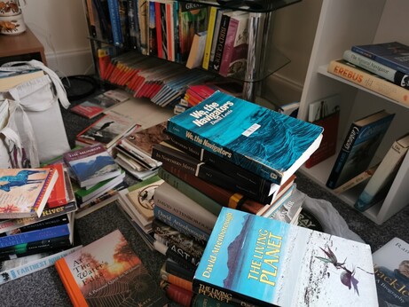 Several piles of books across the floor of my flat as I prepared to move house.