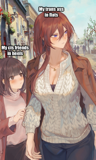 Manga-style illustration of two women walking down the street, looking at something off to the side. One is tall, the other quite short in comparison. The short woman has "my cis friends in heels" written above her head. The tall woman has "my trans ass in flats" above her head.