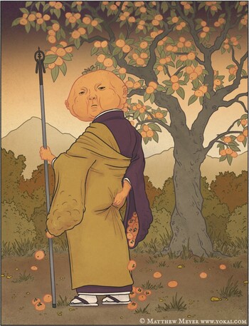 Illustration depicting a creature wearing robes whose head resembles a large persimmon. It stands beside a persimmon tree.
