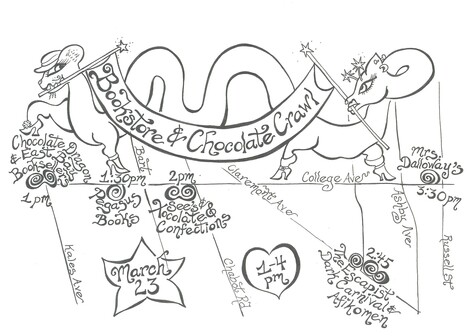Map visually depicts this schedule:

1:00 PM East Bay Booksellers (and Chocolate Dragon)
1:30 PM Pegasus Books on College Ave.
2:00 PM Xocolate & Confections (or See's)
2:45 PM Dark Carnival Books/Escapist Comics (and Afikomen)
(optional stop at Casa de Chocolate or Humphrey Slocombe)
3:30 PM Mrs. Dalloways Books (featuring a brief but marvelous reading by wondrous authors to reward everyone who makes it to the end! Authors TBA soon.)